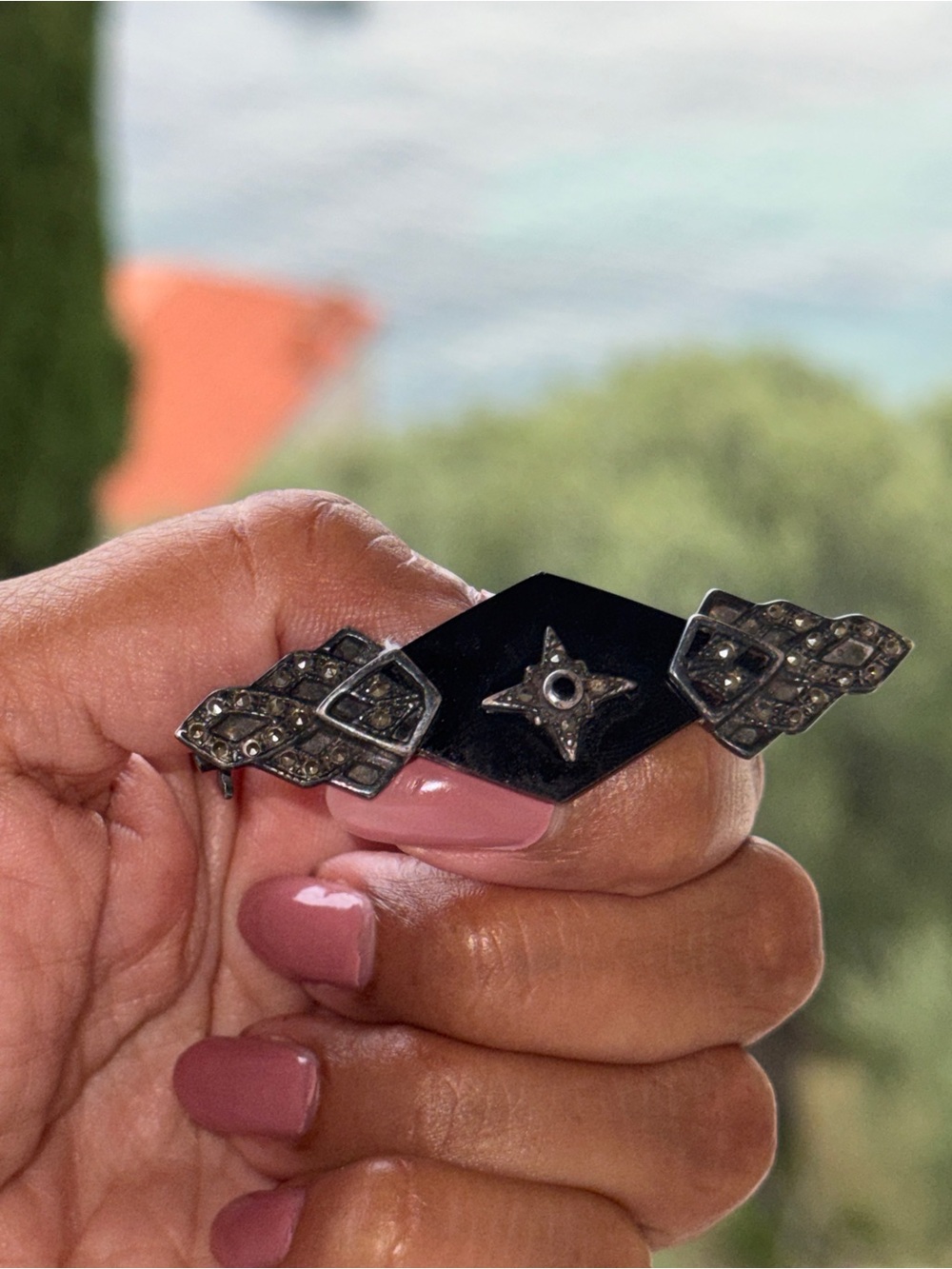 Antique Sterling Marcasite Bar Brooch — Double Buckle & Star Motif. Italy